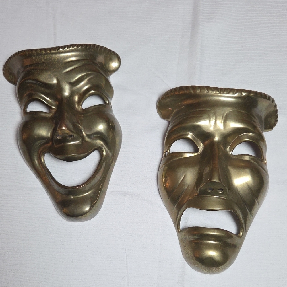 Vintage Brass Comedy and Tragedy Mask Sculpture.